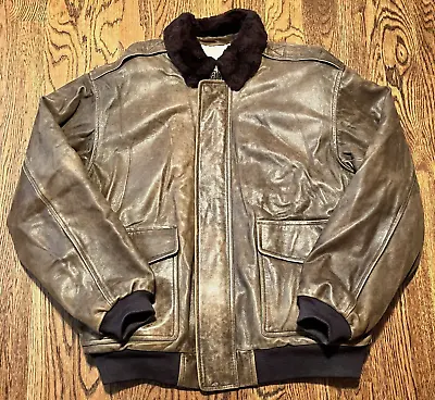 LL Bean Leather Bomber Jacket XL Shearling Wool Collar Aviator G-1 Goatskin • $209.99