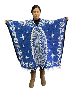Mexican Poncho virgen De Guadalupe  Blanket Sarape  One Size  Royal Blue • $38