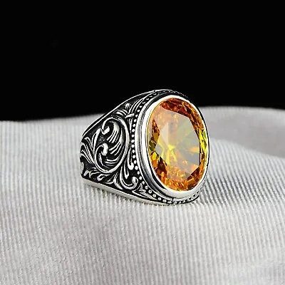 Silver Handmade Citrine Stone Ring  Yellow Stone Ring Engraved Silver Ring • $75