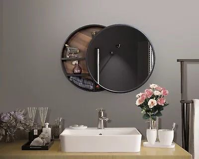 24 Inch Walnut Round Mirror Sliding Door  With Bathroom Cabinet Wall Mounted • £249