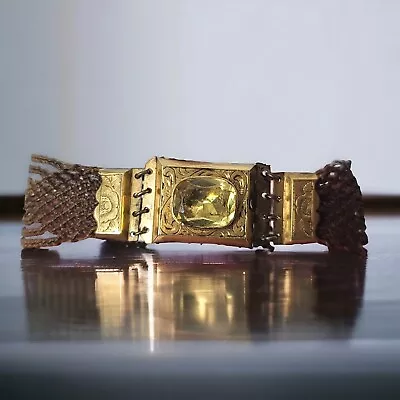 Antique Victorian Gold Hair Mourning Bracelet Yellow Stone Gorgeous Woven  • $225