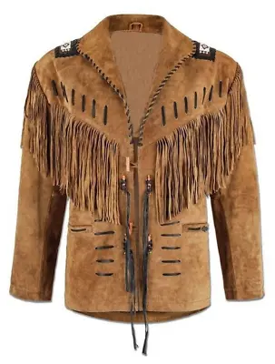 Men Native American Cowboy Leather Jacket Fringe Western Suede Jacket - Hunter • $88.99