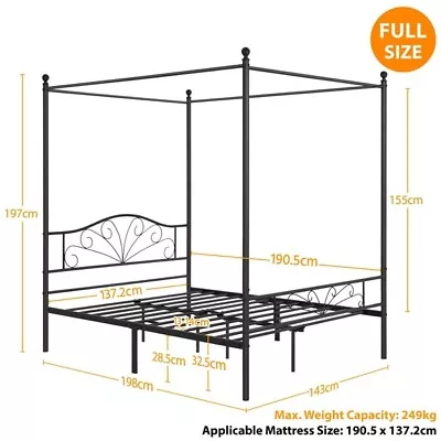 Double Bed Frame With Graceful Design Four-Poster Canopied Metal Platform Bed • £65