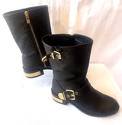 VINCE CAMUTO  Winchell  Women's 6M Black Leather Motorcycle Boots With Gold Trim • $72.90
