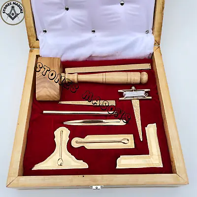 Masonic Working Tools Set Real Gold Plated Standard Full Size Natural Wooden Box • $300