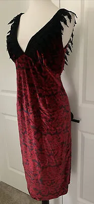 Fabulous MIGUELINA Size M Red Black Lace Print Stretch Velvet Midi Dress Deep V • $85