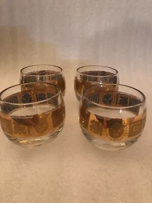 Vintage Set Of 4 MCM Culver Glass Roly Poly Glasses Coronet Pattern 2 1/4 Inches • $28.99