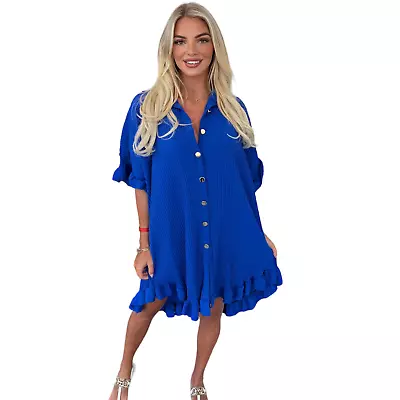 Women's Shirt Dress Pleated Short Sleeve Loose Italian Buttons Plain Detail • £14.99