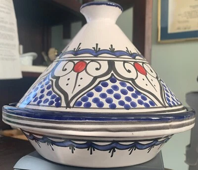 $31.49 • Buy Hand Painted Tagine Tunisia Pottery Glazed Earthenware Blue White Black