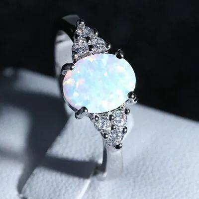 $6.36 • Buy Womens Fire Opal Silver 925 Sterling White Gold Gemstone Jewelry Ring Size 6-10
