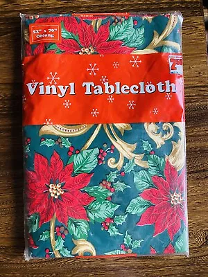 52 X 70“ Oblong Vinyl Tablecloth Christmas Poinsettia & Berries Flannel Backed • $4.95