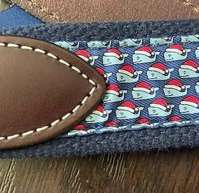 VINEYARD VINES Whale With Santa Hat Brown Leather Belt W Silver Buckle Sz 34 • $20