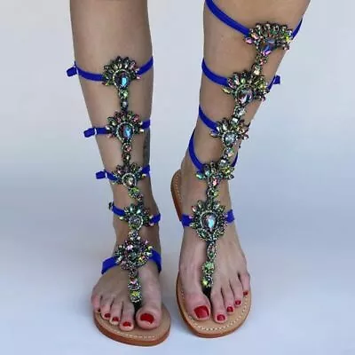 Women Knee High Gladiator Sandals Strappy Beach Flat Shoes Cut Out Lace Up Boots • $32.95