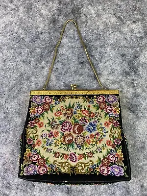 Vintage Petit Point Floral Tapestry Purse Gold Frame Serpentine Chain Handle • $34.95
