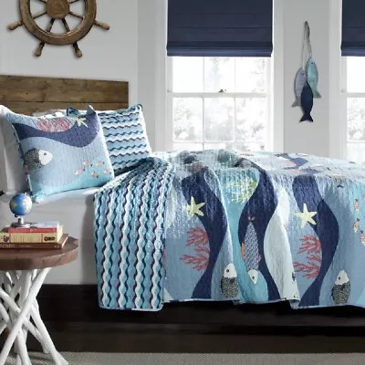 Coastal Quilt Set Queen Blue White Sea Life Cotton Reversible 3 Piece Bed Cover • $127.79