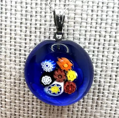 Murano Glass Handcrafted Navy Millefiori Pendant & 925 Sterling Silver Necklace • $24.90