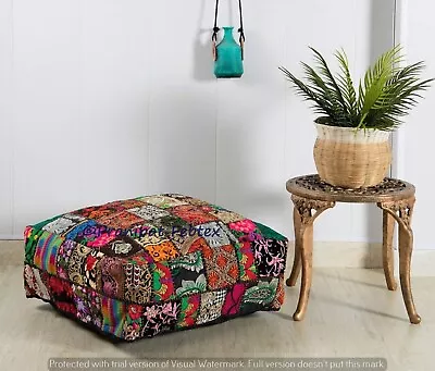 Indian Vintage Patch Work Embroidered Square Ottoman Black Cotton Pouf Cover • $26.99