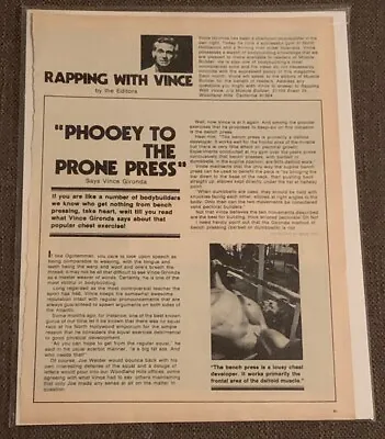 Vince Gironda Training Advice Bench Press Bodybuilding Article Photo • $7.99