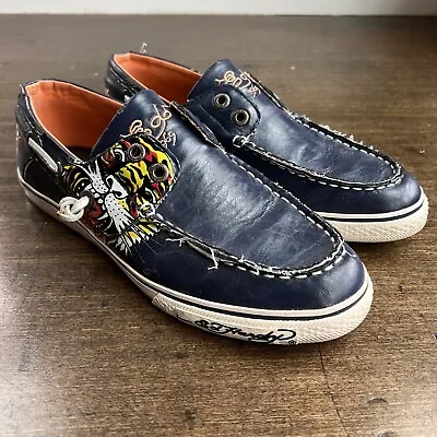 Ed Hardy Women’s Dera Boat Shoes Patent Leather Tiger Tattoo Art Size 8 Navy • $39.99