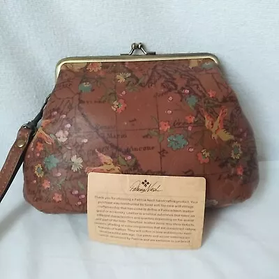 Patricia Nash Savena Leather Kiss Lock Wristlet Purse Signature Map Birds Brown • $27.59