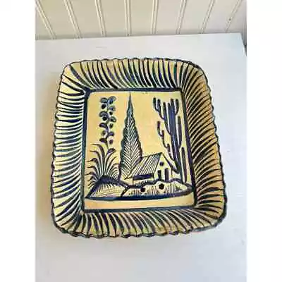 Vintage Antique Mexican Pottery Tray Hand Painted Cactus House Folk Art 8 X 9  • $29.99