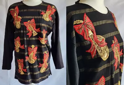 Vintage Small Christmas Blouse Sweater Sequins Bling MUSICAL INSTRUMENTS Cedars • $22.30