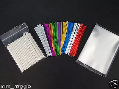 50 X 3.5  PAPER CAKE POP KIT STICKS OVEN SAFE CELLO BAGS & METALLIC TWIST TIES • £4.25