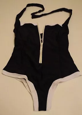 New Women Black White 1 Pcs Halterneck Front Zip Swimsuit Swimwear Uk Size 12 • £0.99