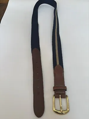 J. Press Mens Large 38W Canvas Brass D-Ring Belt Navy Blue Beige Leather • $24.95