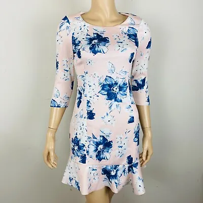 Zara Light Pink Abstract Blue Floral Peplum Hem Women's S Fit & Flare Dress • $39.99