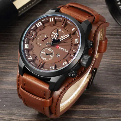 Hot Mens Watch Leather Strap Date Waterproof Quartz Military Army Sports Watches • $30.45