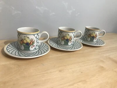 Villeroy And Boch BASKET Green Lattice & Fruit Set Of 3 Flat Cups & Saucers • £21.76