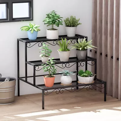 $52.90 • Buy Large Plant Stand 3 Tier Rectangle Metal Flower Pot Planter Corner Shelf Black