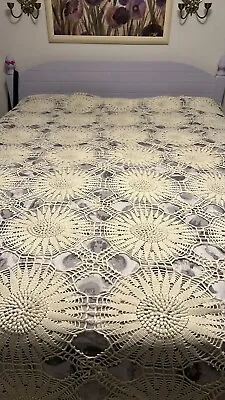 Vintage Hand Crocheted Bed Coverlet~Queen 89”x 94” • $120