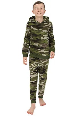 Boys Green Camouflage Fleece Tracksuit Long Pyjamas 5-14 Years • £12.99