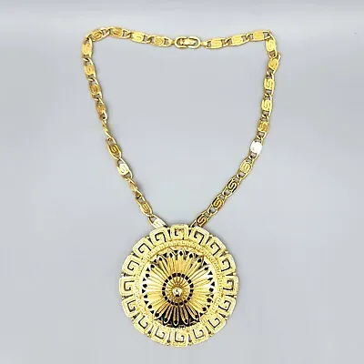 1960s Monet Runway Gold Plated Greek Key Medallion Chunky Choker Necklace 16  • $63.23