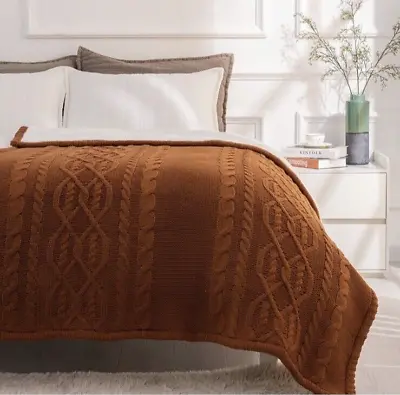 RECYCO Acrylic Cable Knit Sherpa Throw Blanket For Couch Burnt Orange 50  X 60  • £30.39