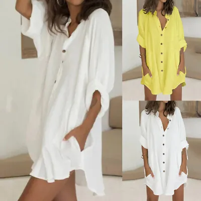 $4.20 • Buy Womens Cotton Linen T-Shirt V-Neck Loose Long Sleeve Button Top Summer Blouse