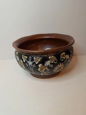 Antiq. Majolica Jardiniere-Brown Inter.-Dark Brown Enameled Body W/Flowers-SALE • $49.99