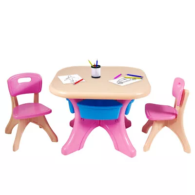 Kids Table And Chairs Set Children Activity Art Table Chairs Storage Bins Pink • £54.95