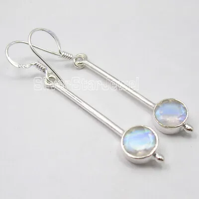 Dangle LONG Earrings 7 Mm Round RAINBOW MOONSTONE 925 Silver Ladies Jewelery 2  • $11.55