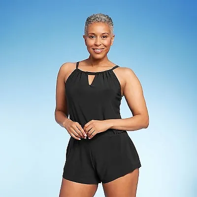 Women's High Neck Swim Romper With Pockets One Piece Swimsuit - Aqua Green • $7.99