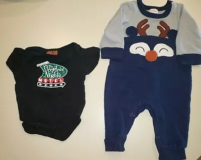 Baby Boy DEER CHRISTMAS ROMPER 1 PC 0-3 MONTH SILENT NIGHT MOTEL SNAP BOTTOM TEE • $3.96