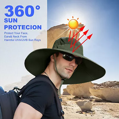 Men Wide Brim Sun Hat UV Protection Bucket Cap For Hiking Camping Fishing Safari • $9.99