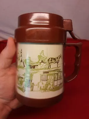 Vtg KH Thermo Travel Mug Coffee Cup Boats Transportation Push Button 70's Exc! • $16.99