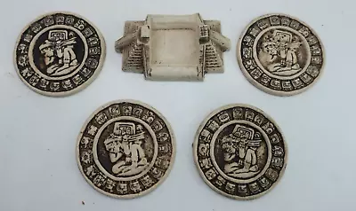 Mayan Zodiac Calendar Set Of 4 Drink Coaster W/ Mesoamerican Pyramid Holder • $18.99