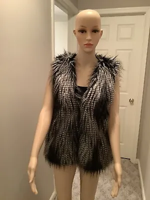 H &m Black Grey Shag Rave Glam Furry Faux Fur Vest Size 12 • $45