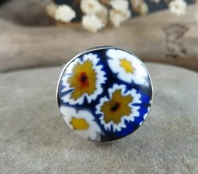 Vintage Yellow White Blue Millefiori Glass Flower Sterling Silver Ring  #450 • $112.46