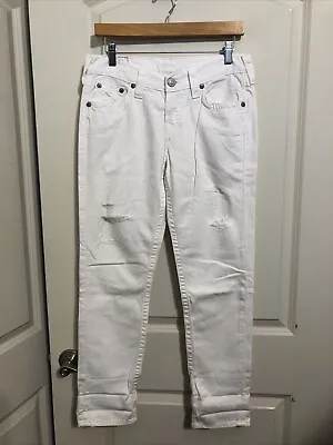 TRUE RELIGION Women’s Brianna Skinny White Jeans Sz 27 Distressed Button Fly • $39.95