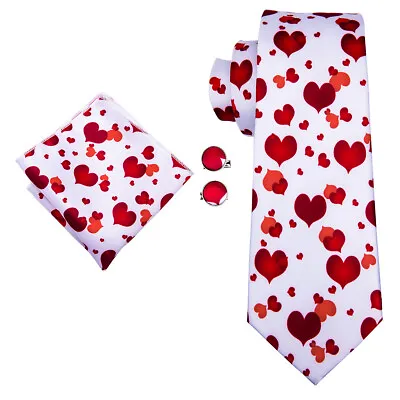 £10.99 • Buy Mens Silk Tie Red White Heart Novelty Cufflinks Hankerchief Wedding Party